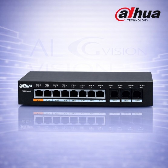 10-портов суич с 8 PoE порта, 2 Gigabit uplink порта, 96W мощност, Long Range, PoE watchdog и Hi-PoE Dahua PFS3010-8ET-96-V2