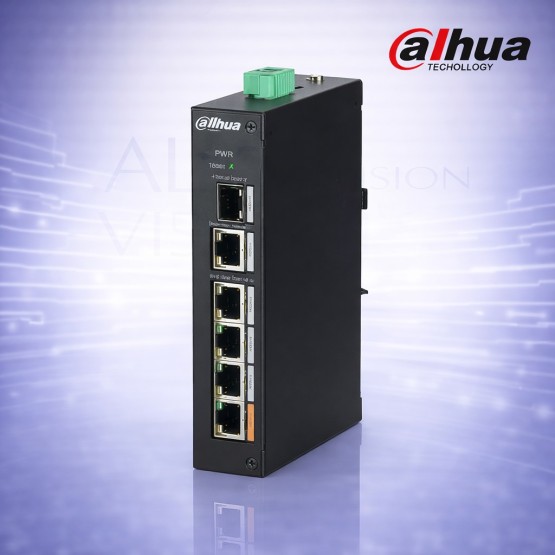6-портов индустриален суич с 4 PoE порта, 1 Gigabit uplink, 1 SFP, 60W мощност, Long Range и AI watchdog Dahua PFS3106-4ET-60-V2
