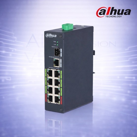 10-портов индустриален суич с 8 PoE порта, 1 Gigabit uplink, 1 SFP, 96W мощност, Long Range и AI watchdog Dahua PFS3110-8ET-96-V2