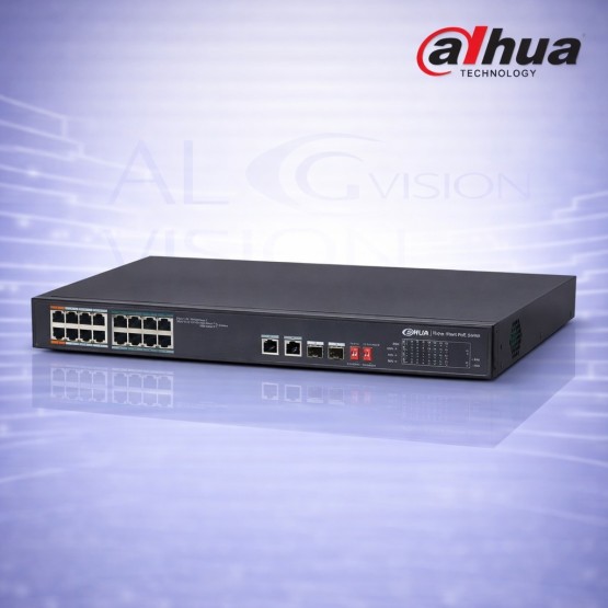 18-портов суич с 16 PoE порта, 2 Gigabit uplink порта, 135W мощност, VLAN, Long Range и AI watchdog Dahua PFS3218-16ET-135