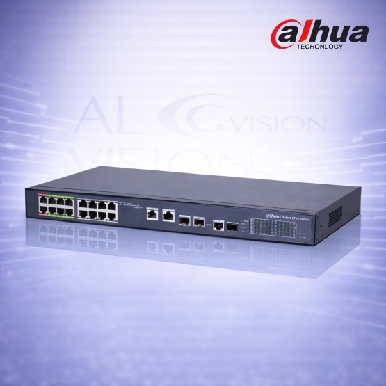 18-портов суич с 16 PoE порта, 2 Gigabit uplink, 2 SFP, 240W мощност, VLAN и AI watchdog Dahua PFS4218-16ET-240-V3