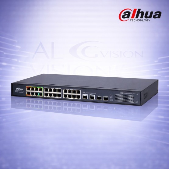 26-портов суич с 24 PoE порта, 2 Gigabit uplink, 2 SFP, 360W мощност, VLAN и AI watchdog Dahua PFS4226-24ET-360-V3