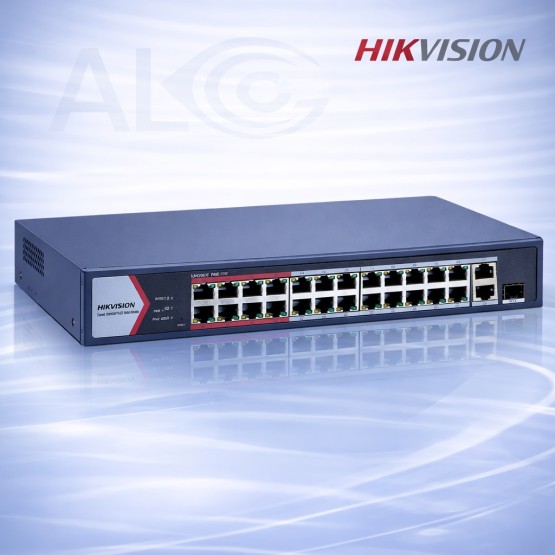 26 портов Hikvision PoE суич DS-3E1326P-EI/M с 24 PoE порта, Smart функции и Gigabit uplink