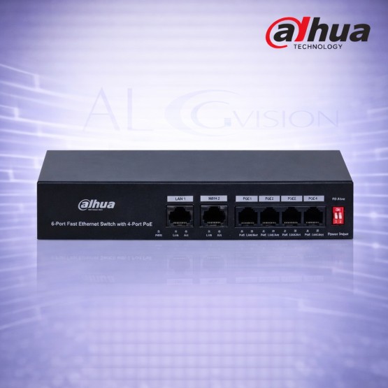 6-портов суич с 4 PoE порта, 2 Fast Ethernet uplink, 36W мощност, VLAN и PoE watchdog Dahua PFS3006-4ET-36