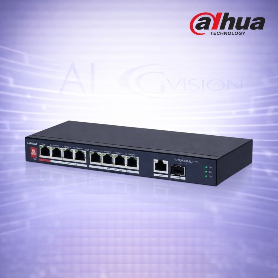 10-портов суич с 8 PoE порта, 1 Gigabit uplink, 1 SFP, 96W мощност, Hi-PoE и PoE watchdog Dahua PFS3110-8ET1GT1GF-96
